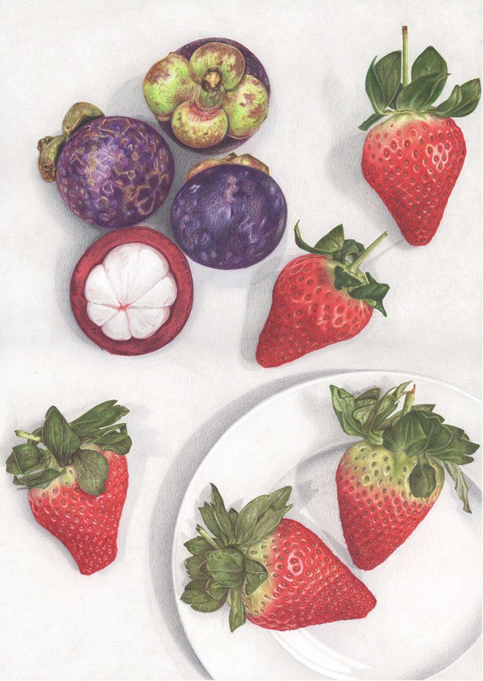 Pencil on Paper, Illustration of a kitchen surface scattered with fruit using a pencil for shading, gradient and texture.